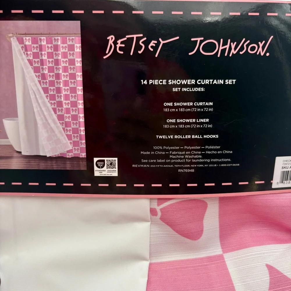 BETSEY JOHNSON 14pc COQUETTE Pink White Checkered Bow‎ Shower Curtain Set